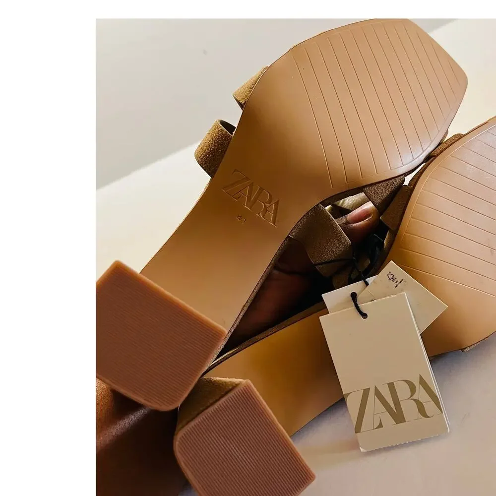 Zara Suede Triple Strap Block Heel Sandals Size 41 NWT Brown